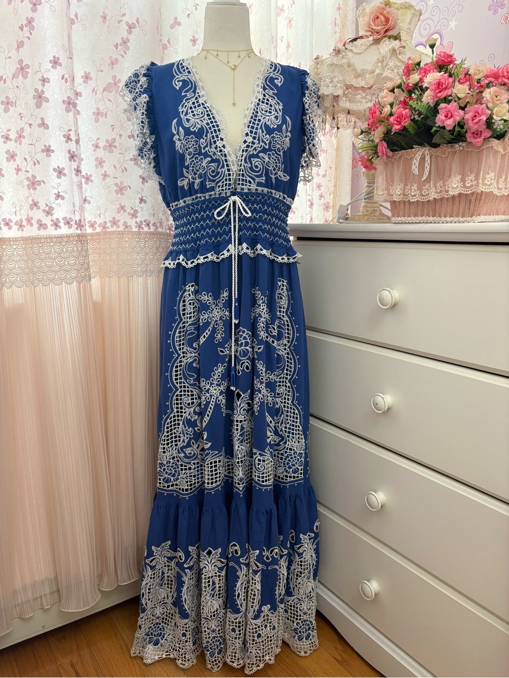 Farm Rio Blue Romantic Richelieu Maxi Dress - Picture 2 of 8